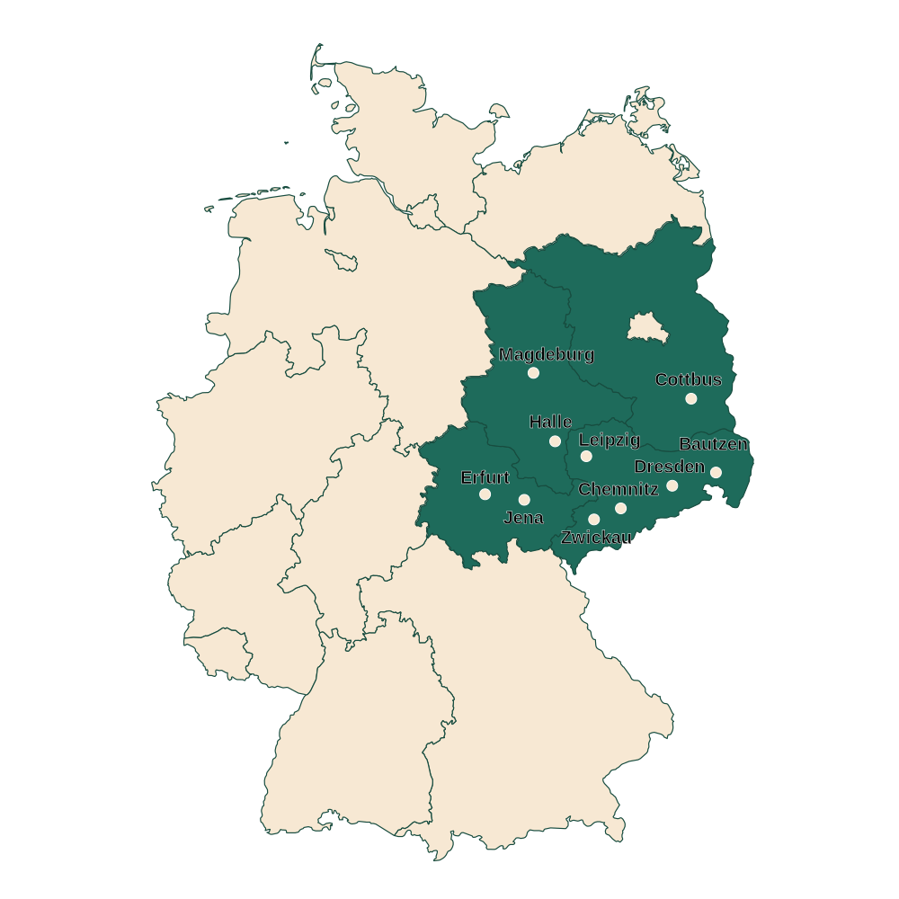 Karte der Drehorte in Sachsen, Thüringen, Sachsen-Anhalt und Brandenburg – DrCShot Productions
